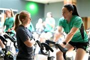 22 June 2025; Performance coach Holly Pickett and Megan Campbell during a Republic of Ireland women gym session at Denver Athletic Club in Colorado, USA. Photo by Stephen McCarthy/Sportsfile