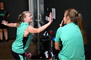 22 June 2025; Ruesha Littlejohn encourages team-mate Grace Moloney during a Republic of Ireland women gym session at Denver Athletic Club in Colorado, USA. Photo by Stephen McCarthy/Sportsfile
