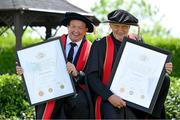 23 June 2025; Irish sports broadcaster Marty Morrissey, left, and singer Johnny Logan, formally known as Sean Patrick Sherrard, after receiving their honorary doctorial awards at the Longford International College Graduation Ceremony 2025 at the Radisson Blu Dublin Airport Hotel in Dublin. Photo by Shauna Clinton/Sportsfile