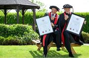 23 June 2025; Irish sports broadcaster Marty Morrissey, left, and singer Johnny Logan, formally known as Sean Patrick Sherrard, after receiving their honorary doctorial awards at the Longford International College Graduation Ceremony 2025 at the Radisson Blu Dublin Airport Hotel in Dublin. Photo by Shauna Clinton/Sportsfile