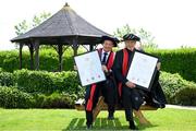 23 June 2025; Irish sports broadcaster Marty Morrissey, left, and singer Johnny Logan, formally known as Sean Patrick Sherrard, after receiving their honorary doctorial awards at the Longford International College Graduation Ceremony 2025 at the Radisson Blu Dublin Airport Hotel in Dublin. Photo by Shauna Clinton/Sportsfile