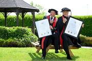 23 June 2025; Irish sports broadcaster Marty Morrissey, left, and singer Johnny Logan, formally known as Sean Patrick Sherrard, after receiving their honorary doctorial awards at the Longford International College Graduation Ceremony 2025 at the Radisson Blu Dublin Airport Hotel in Dublin. Photo by Shauna Clinton/Sportsfile