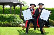 23 June 2025; Irish sports broadcaster Marty Morrissey, left, and singer Johnny Logan, formally known as Sean Patrick Sherrard, after receiving their honorary doctorial awards at the Longford International College Graduation Ceremony 2025 at the Radisson Blu Dublin Airport Hotel in Dublin. Photo by Shauna Clinton/Sportsfile