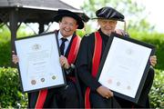 23 June 2025; Irish sports broadcaster Marty Morrissey, left, and singer Johnny Logan, formally known as Sean Patrick Sherrard, after receiving their honorary doctorial awards at the Longford International College Graduation Ceremony 2025 at the Radisson Blu Dublin Airport Hotel in Dublin. Photo by Shauna Clinton/Sportsfile