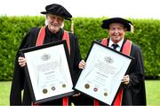 23 June 2025; Singer Johnny Logan, formally known as Sean Patrick Sherrard, left, and Irish sports broadcaster Marty Morrissey after receiving their honorary doctorial awards at the Longford International College Graduation Ceremony 2025 at the Radisson Blu Dublin Airport Hotel in Dublin. Photo by Shauna Clinton/Sportsfile