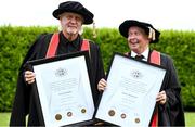23 June 2025; Singer Johnny Logan, formally known as Sean Patrick Sherrard, left, and Irish sports broadcaster Marty Morrissey after receiving their honorary doctorial awards at the Longford International College Graduation Ceremony 2025 at the Radisson Blu Dublin Airport Hotel in Dublin. Photo by Shauna Clinton/Sportsfile