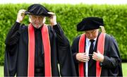 23 June 2025; Singer Johnny Logan, formally known as Sean Patrick Sherrard, left, and Irish sports broadcaster Marty Morrissey after receiving their honorary doctorial awards at the Longford International College Graduation Ceremony 2025 at the Radisson Blu Dublin Airport Hotel in Dublin. Photo by Shauna Clinton/Sportsfile