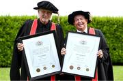 23 June 2025; Singer Johnny Logan, formally known as Sean Patrick Sherrard, left, and Irish sports broadcaster Marty Morrissey after receiving their honorary doctorial awards at the Longford International College Graduation Ceremony 2025 at the Radisson Blu Dublin Airport Hotel in Dublin. Photo by Shauna Clinton/Sportsfile