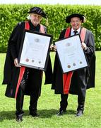 23 June 2025; Singer Johnny Logan, formally known as Sean Patrick Sherrard, left, and Irish sports broadcaster Marty Morrissey after receiving their honorary doctorial awards at the Longford International College Graduation Ceremony 2025 at the Radisson Blu Dublin Airport Hotel in Dublin. Photo by Shauna Clinton/Sportsfile