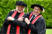 23 June 2025; Singer Johnny Logan, formally known as Sean Patrick Sherrard, left, and Irish sports broadcaster Marty Morrissey after receiving their honorary doctorial awards at the Longford International College Graduation Ceremony 2025 at the Radisson Blu Dublin Airport Hotel in Dublin. Photo by Shauna Clinton/Sportsfile