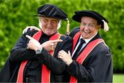 23 June 2025; Singer Johnny Logan, formally known as Sean Patrick Sherrard, left, and Irish sports broadcaster Marty Morrissey after receiving their honorary doctorial awards at the Longford International College Graduation Ceremony 2025 at the Radisson Blu Dublin Airport Hotel in Dublin. Photo by Shauna Clinton/Sportsfile
