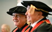 23 June 2025; Singer Johnny Logan, formally known as Sean Patrick Sherrard, left, and Irish sports broadcaster Marty Morrissey before receiving their honorary doctorial awards at the Longford International College Graduation Ceremony 2025 at the Radisson Blu Dublin Airport Hotel in Dublin. Photo by Shauna Clinton/Sportsfile