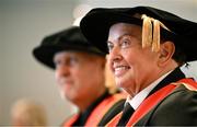 23 June 2025; Irish sports broadcaster Marty Morrissey, right, and singer Johnny Logan, formally known as Sean Patrick Sherrard before receiving their honorary doctorial awards at the Longford International College Graduation Ceremony 2025 at the Radisson Blu Dublin Airport Hotel in Dublin. Photo by Shauna Clinton/Sportsfile