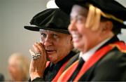 23 June 2025; Singer Johnny Logan, formally known as Sean Patrick Sherrard, left, shares a joke with Irish sports broadcaster Marty Morrissey before receiving their honorary doctorial awards at the Longford International College Graduation Ceremony 2025 at the Radisson Blu Dublin Airport Hotel in Dublin. Photo by Shauna Clinton/Sportsfile