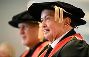23 June 2025; Irish sports broadcaster Marty Morrissey, right, and singer Johnny Logan, formally known as Sean Patrick Sherrard before receiving their honorary doctorial awards at the Longford International College Graduation Ceremony 2025 at the Radisson Blu Dublin Airport Hotel in Dublin. Photo by Shauna Clinton/Sportsfile