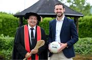 23 June 2025; Irish sports broadcaster and honorary doctorial award recipient Marty Morrissey, left, and GPA chief executive officer Tom Parsons at the Longford International College Graduation Ceremony 2025 at the Radisson Blu Dublin Airport Hotel in Dublin. Photo by Shauna Clinton/Sportsfile