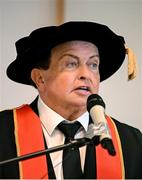 23 June 2025; Irish sports broadcaster Marty Morrissey makes a speech as he receives his honorary doctorial award at the Longford International College Graduation Ceremony 2025 at the Radisson Blu Dublin Airport Hotel in Dublin. Photo by Shauna Clinton/Sportsfile