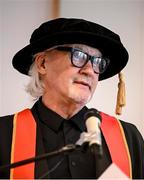 23 June 2025; Singer Johnny Logan, formally known as Sean Patrick Sherrard, makes a speech as he receives his honorary doctorial award at the Longford International College Graduation Ceremony 2025 at the Radisson Blu Dublin Airport Hotel in Dublin. Photo by Shauna Clinton/Sportsfile