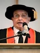 23 June 2025; Irish sports broadcaster Marty Morrissey makes a speech as he receives his honorary doctorial award at the Longford International College Graduation Ceremony 2025 at the Radisson Blu Dublin Airport Hotel in Dublin. Photo by Shauna Clinton/Sportsfile