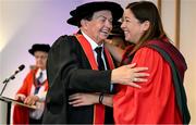 23 June 2025; Irish sports broadcaster Marty Morrissey, left, as he receives his honorary doctorial award at the Longford International College Graduation Ceremony 2025 at the Radisson Blu Dublin Airport Hotel in Dublin. Photo by Shauna Clinton/Sportsfile