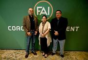 23 June 2025; Federación Mexicana de Fútbol content manager Carlos Lopes, left, Federación Mexicana de Fútbol heath coach educator Sandra Morales, centre, and CONCACAF development senior manager Victor Estrada during a FAI Coaching Education visit from CONCACAF & UEFA at The Johnstown Estate in Enfield, Meath. Photo by Ben McShane/Sportsfile