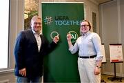 23 June 2025; UEFA technical advisor Frank Ludolph, left, and UEFA international relations Edith Finn during a FAI Coaching Education visit from CONCACAF & UEFA at The Johnstown Estate in Enfield, Meath. Photo by Ben McShane/Sportsfile