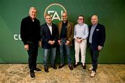 23 June 2025; In attendance, from left, FAI board member and chair of the international and high performance committee Packie Bonner, UEFA technical advisor Frank Ludolph, Federación Mexicana de Fútbol content manager Carlos Lopes, UEFA international relations Edith Finn and FAI head of education and development Niall O'Regan during a FAI Coaching Education visit from CONCACAF & UEFA at The Johnstown Estate in Enfield, Meath. Photo by Ben McShane/Sportsfile