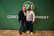 23 June 2025; UEFA technical advisor Frank Ludolph, left, and United States Soccer Federation coaching overseer Nathan Hunt during a FAI Coaching Education visit from CONCACAF & UEFA at The Johnstown Estate in Enfield, Meath. Photo by Ben McShane/Sportsfile
