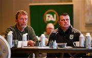 23 June 2025; Trim Celtic manager Robbie Horgan, right, during a FAI Coaching Education visit from CONCACAF & UEFA at The Johnstown Estate in Enfield, Meath. Photo by Ben McShane/Sportsfile