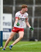 22 June 2025; Thomas Meenan of Tyrone celebrates his side's second goal, scored by teammate Peter Coltan, not pictured, during the Electric Ireland GAA Football All-Ireland Minor Championship semi-final match between Tyrone and Roscommon at Kingspan Breffni in Cavan. Photo by Seb Daly/Sportsfile