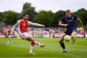 23 June 2025; Zach Elbouzedi of St Patrick's Athletic in action against Sam Todd of Derry City during the SSE Airtricity Men's Premier Division match between St Patrick's Athletic and Derry City at Richmond Park in Dublin. Photo by Ben McShane/Sportsfile