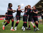 23 June 2025; Shane Farrell of Drogheda United, second from right, celebrates with his teammates after scoring his side's first goal during the SSE Airtricity Men's Premier Division match between Cork City and Drogheda United at Turner's Cross in Cork. Photo by Thomas Flinkow/Sportsfile