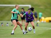 23 June 2025; Marissa Sheva and Ruesha Littlejohn, left, during a Republic of Ireland women training session at North Area Athletic Complex in Arvada, Colorado, USA. Photo by Stephen McCarthy/Sportsfile