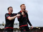 23 June 2025; Shane Farrell of Drogheda United, right,  celebrates with teammate Conor Kane after scoring his side's first goal during the SSE Airtricity Men's Premier Division match between Cork City and Drogheda United at Turner's Cross in Cork. Photo by Thomas Flinkow/Sportsfile