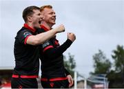 23 June 2025; Shane Farrell of Drogheda United, right,  celebrates with teammate Conor Kane after scoring his side's first goal during the SSE Airtricity Men's Premier Division match between Cork City and Drogheda United at Turner's Cross in Cork. Photo by Thomas Flinkow/Sportsfile