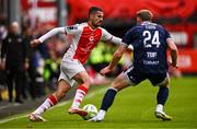 23 June 2025; Zach Elbouzedi of St Patrick's Athletic in action against Sam Todd of Derry City during the SSE Airtricity Men's Premier Division match between St Patrick's Athletic and Derry City at Richmond Park in Dublin. Photo by Ben McShane/Sportsfile