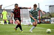 23 June 2025; Matt Healy of Shamrock Rovers in action against Rob Cornwall of Bohemians during the SSE Airtricity Men's Premier Division match between Bohemians and Shamrock Rovers at Dalymount Park in Dublin. Photo by Shauna Clinton/Sportsfile