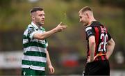 23 June 2025; Jack Byrne of Shamrock Rovers checks the wind as Ross Tierney of Bohemians watches on during the SSE Airtricity Men's Premier Division match between Bohemians and Shamrock Rovers at Dalymount Park in Dublin. Photo by Ramsey Cardy/Sportsfile