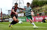 23 June 2025; Matt Healy of Shamrock Rovers in action against Rob Cornwall of Bohemians during the SSE Airtricity Men's Premier Division match between Bohemians and Shamrock Rovers at Dalymount Park in Dublin. Photo by Shauna Clinton/Sportsfile