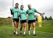 23 June 2025; Players, from left,  Erin Healy, Abbie Larkin and Sophie Whitehouse during a Republic of Ireland women training session at North Area Athletic Complex in Arvada, Colorado, USA. Photo by Stephen McCarthy/Sportsfile