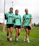 23 June 2025; Players, from left,  Erin Healy, Abbie Larkin and Sophie Whitehouse during a Republic of Ireland women training session at North Area Athletic Complex in Arvada, Colorado, USA. Photo by Stephen McCarthy/Sportsfile