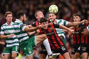 23 June 2025; James Clarke of Bohemians in action against Roberto Lopes of Shamrock Rovers during the SSE Airtricity Men's Premier Division match between Bohemians and Shamrock Rovers at Dalymount Park in Dublin. Photo by Ramsey Cardy/Sportsfile