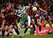 23 June 2025; Lee Grace of Shamrock Rovers in action against Jordan Flores of Bohemians during the SSE Airtricity Men's Premier Division match between Bohemians and Shamrock Rovers at Dalymount Park in Dublin. Photo by Ramsey Cardy/Sportsfile