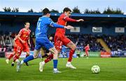 23 June 2025; Sean Gannon of Shelbourne in action against Jesse Dempsey of Waterford during the SSE Airtricity Men's Premier Division match between Waterford and Shelbourne at the Regional Sports Centre in Waterford. Photo by Piaras Ó Mídheach/Sportsfile