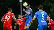 23 June 2025; Pádraig Amond of Waterford wins a header above Mark Coyle of Shelbourne during the SSE Airtricity Men's Premier Division match between Waterford and Shelbourne at the Regional Sports Centre in Waterford. Photo by Piaras Ó Mídheach/Sportsfile