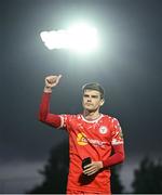 23 June 2025; Sean Gannon of Shelbourne acknowledges supporters after the drawn SSE Airtricity Men's Premier Division match between Waterford and Shelbourne at the Regional Sports Centre in Waterford. Photo by Piaras Ó Mídheach/Sportsfile