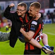 23 June 2025; Ross Tierney of Bohemians celebrates with Cian Hankey after the SSE Airtricity Men's Premier Division match between Bohemians and Shamrock Rovers at Dalymount Park in Dublin. Photo by Ramsey Cardy/Sportsfile