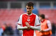 23 June 2025; Mason Melia of St Patrick's Athletic reacts after his side's defeat in the SSE Airtricity Men's Premier Division match between St Patrick's Athletic and Derry City at Richmond Park in Dublin. Photo by Ben McShane/Sportsfile