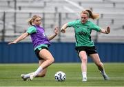23 June 2025; Hayley Nolan, left, and Amber Barrett during a Republic of Ireland women training session at North Area Athletic Complex in Arvada, Colorado, USA. Photo by Stephen McCarthy/Sportsfile