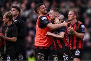 23 June 2025; Adam McDonnell, left, and Ross Tierney of Bohemians celebrate after the SSE Airtricity Men's Premier Division match between Bohemians and Shamrock Rovers at Dalymount Park in Dublin. Photo by Ramsey Cardy/Sportsfile